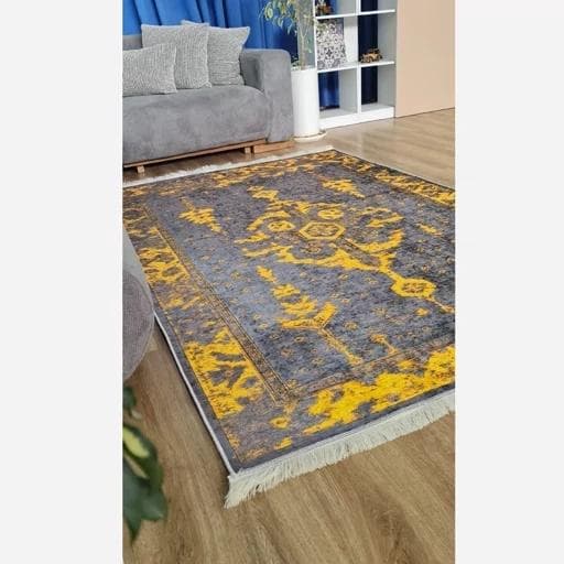 فرش ماشینی چاپی | فرشینه هازان ترک وینتیج طوسی زرد (پس کرایه) — تصویر ۶