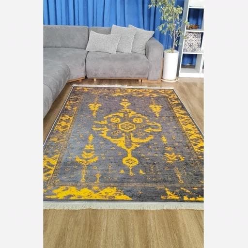 فرش ماشینی چاپی | فرشینه هازان ترک وینتیج طوسی زرد (پس کرایه) — تصویر ۷