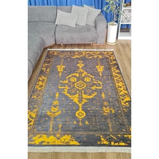 فرش ماشینی چاپی | فرشینه هازان ترک وینتیج طوسی زرد (پس کرایه) — تصویر ۲