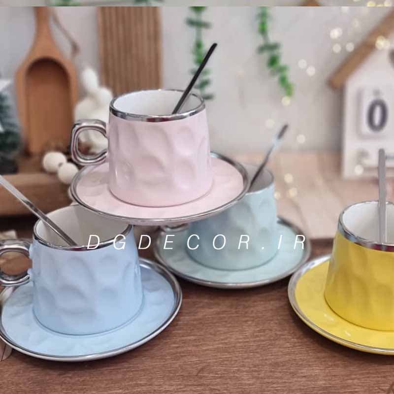 فنجان نعلبکی رنگی دسته نقره ای