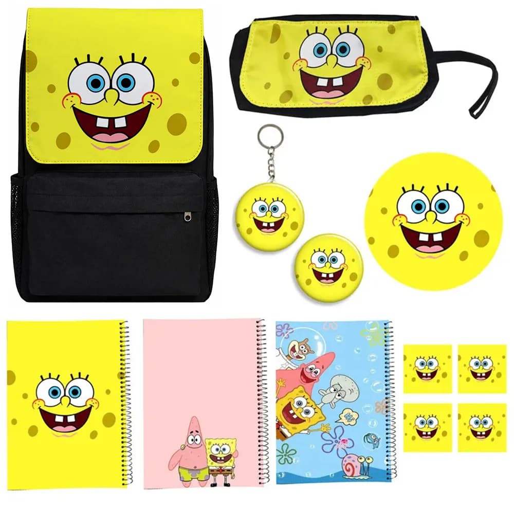 کوله پشتی مدل باب اسفنجی کد spongebob A1 به همراه دفتر مشق و جامدادی و زیر لیوانی و جاکلیدی مجموعه 12 عددی