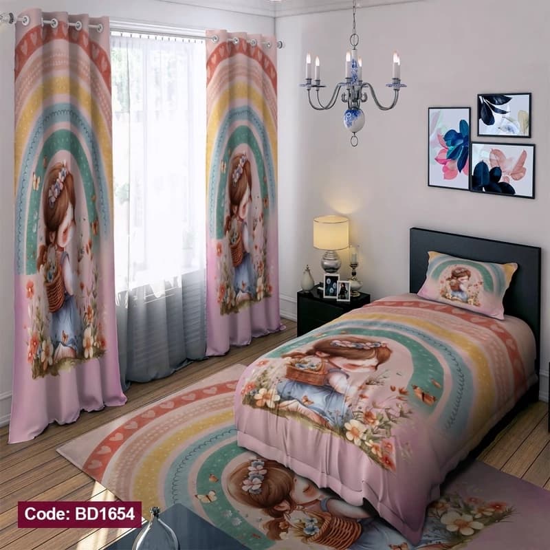 ست کامل ژورنالی رو تختی چاپی دخترانه رنگین کمان کد bd1654 (پس کرایه)