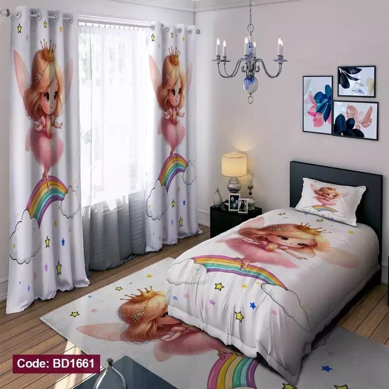 ست کامل ژورنالی رو تختی چاپی دخترانه رنگین کمان کد bd1661 (پس کرایه)