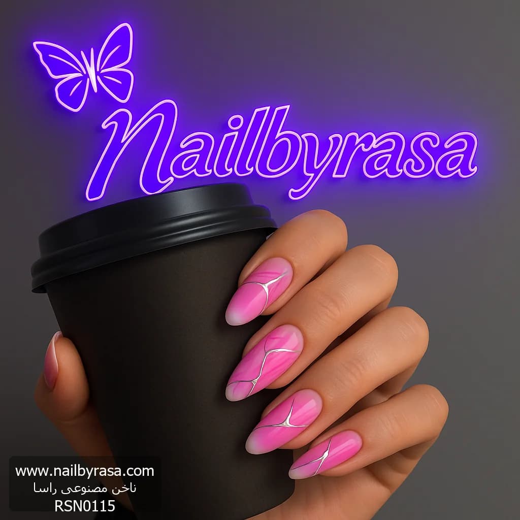 ناخن مصنوعی ژورنالی صورتی با خطوط کروم برجسته بادامی راسا – RSN0115 — تصویر ۵