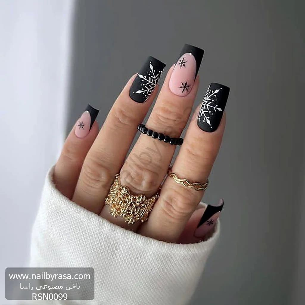 ناخن مصنوعی طرح برف و فرنچ مشکی نود مات مربعی بلند راسا – RSN0099