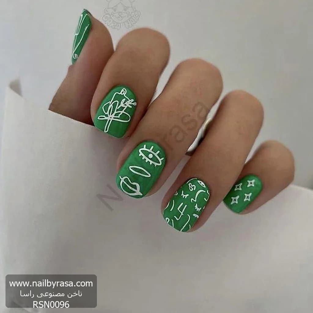 ناخن مصنوعی طرح لاین آرت و صورت انتزاعی سبز و سفید براق مربعی کوتاه راسا – RSN0096