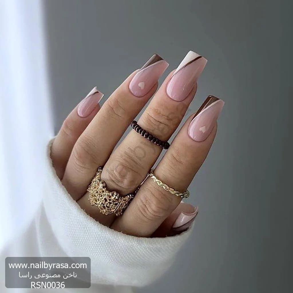 ناخن مصنوعی طرح فرنچ مدرن قهوه‌ای شکلاتی و قلب سفید مربعی بلند راسا – RSN0036