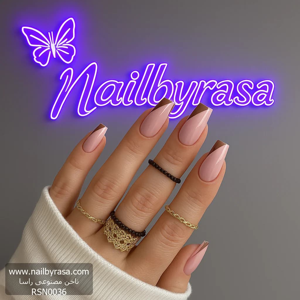 ناخن مصنوعی طرح فرنچ مدرن قهوه‌ای شکلاتی و قلب سفید مربعی بلند راسا – RSN0036 — تصویر ۵