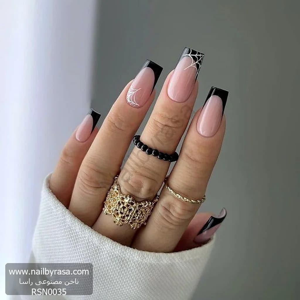ناخن مصنوعی طرح فرنچ مشکی و تار عنکبوت سفید هالووین مربعی بلند راسا – RSN0035