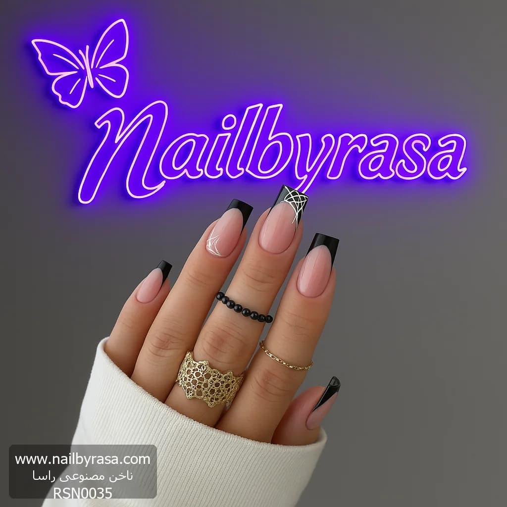 ناخن مصنوعی طرح فرنچ مشکی و تار عنکبوت سفید هالووین مربعی بلند راسا – RSN0035 — تصویر ۵