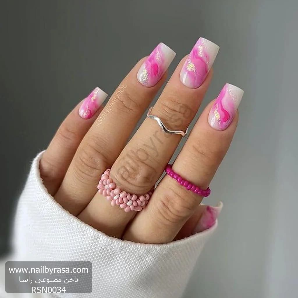 ناخن مصنوعی طرح سنگ مرمر (ماربل) صورتی و طلا براق مربعی بلند راسا – RSN0034