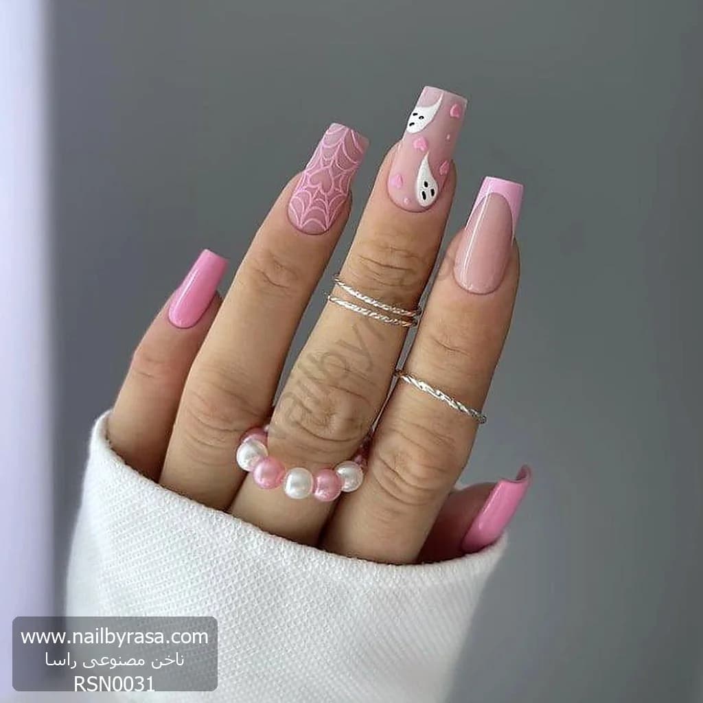 ناخن مصنوعی طرح روح و تار عنکبوت هالووین صورتی (Pinkoween) مربعی بلند راسا – RSN0031