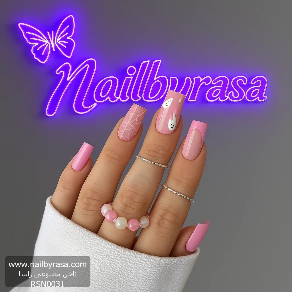 ناخن مصنوعی طرح روح و تار عنکبوت هالووین صورتی (Pinkoween) مربعی بلند راسا – RSN0031 — تصویر ۵