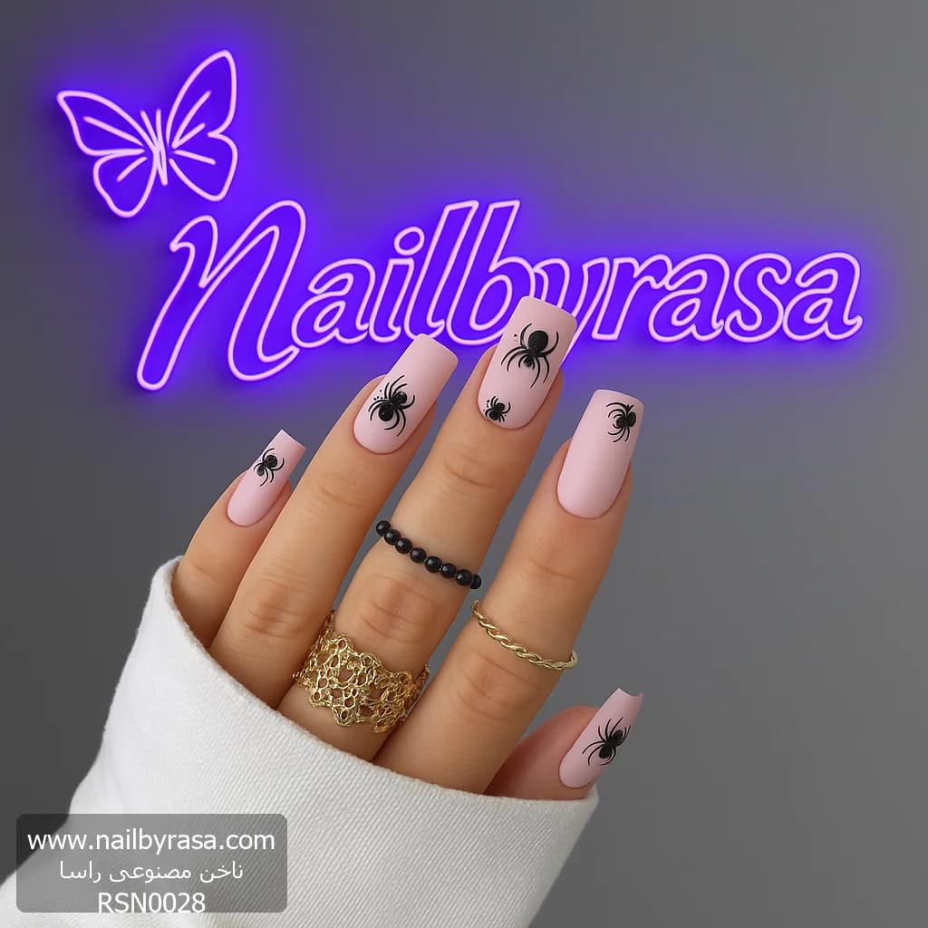 ناخن مصنوعی طرح عنکبوت برجسته و صورتی پاستلی مات مربعی بلند راسا – RSN0028 — تصویر ۵