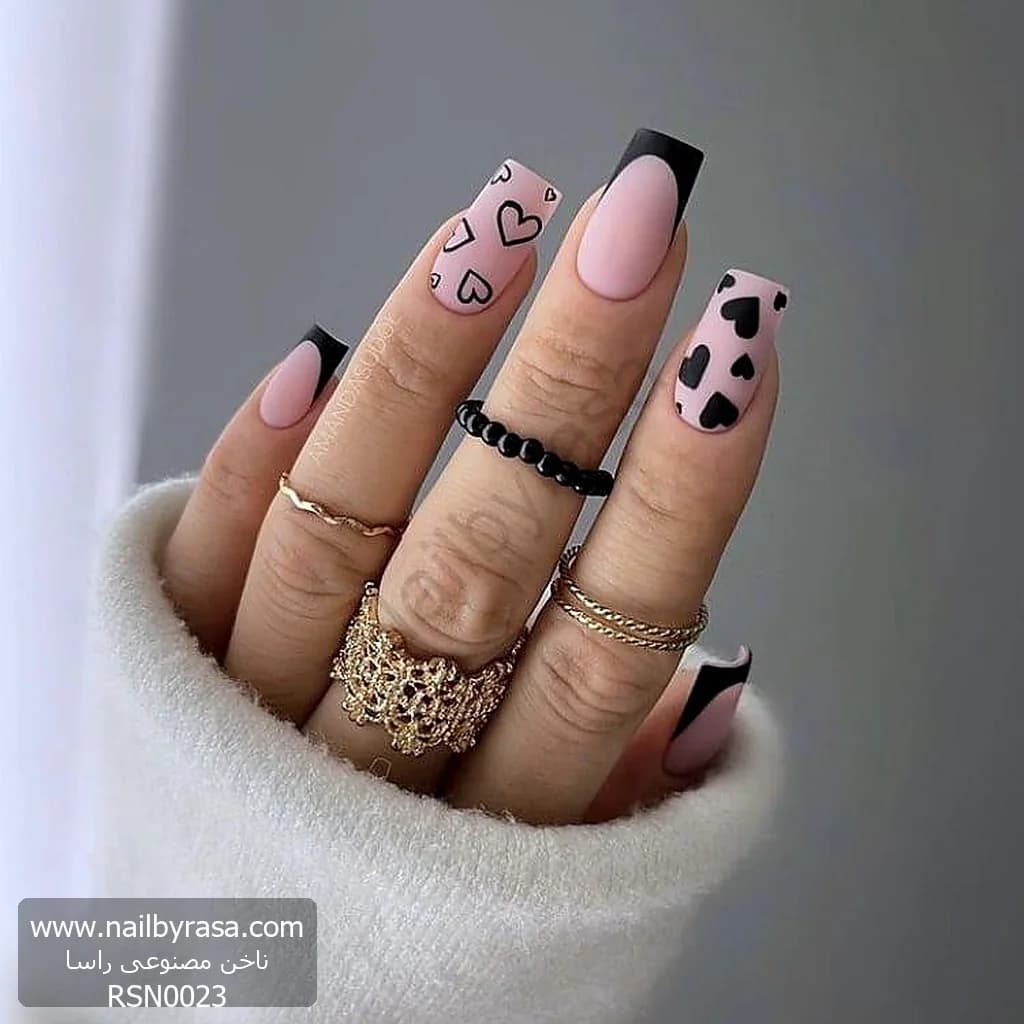 ناخن مصنوعی طرح قلب و فرنچ مشکی مات صورتی مربعی بلند راسا – RSN0023