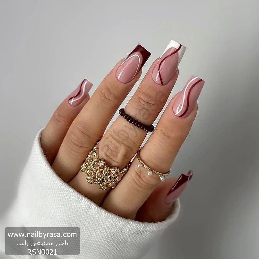 ناخن مصنوعی طرح موجدار (Swirl) زرشکی و سفید براق مربعی بلند راسا – RSN0021