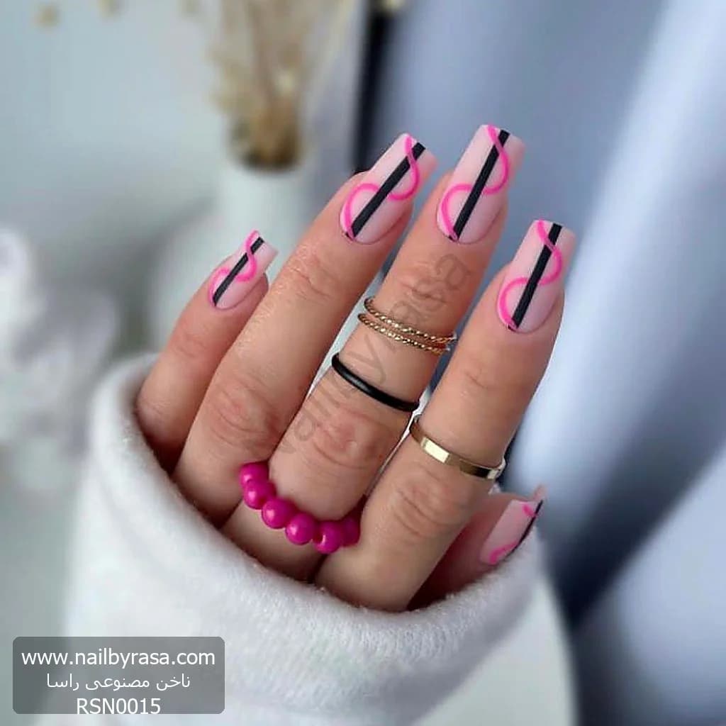 ناخن مصنوعی طرح خطی انتزاعی و موج نئون صورتی مات مربعی بلند راسا – RSN0015