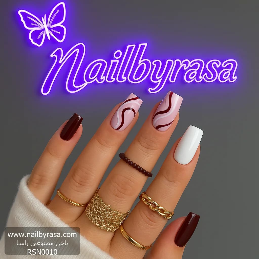 ناخن مصنوعی طرح موجدار (Swirl) شرابی و سفید مربعی بلند راسا – RSN0010 — تصویر ۵