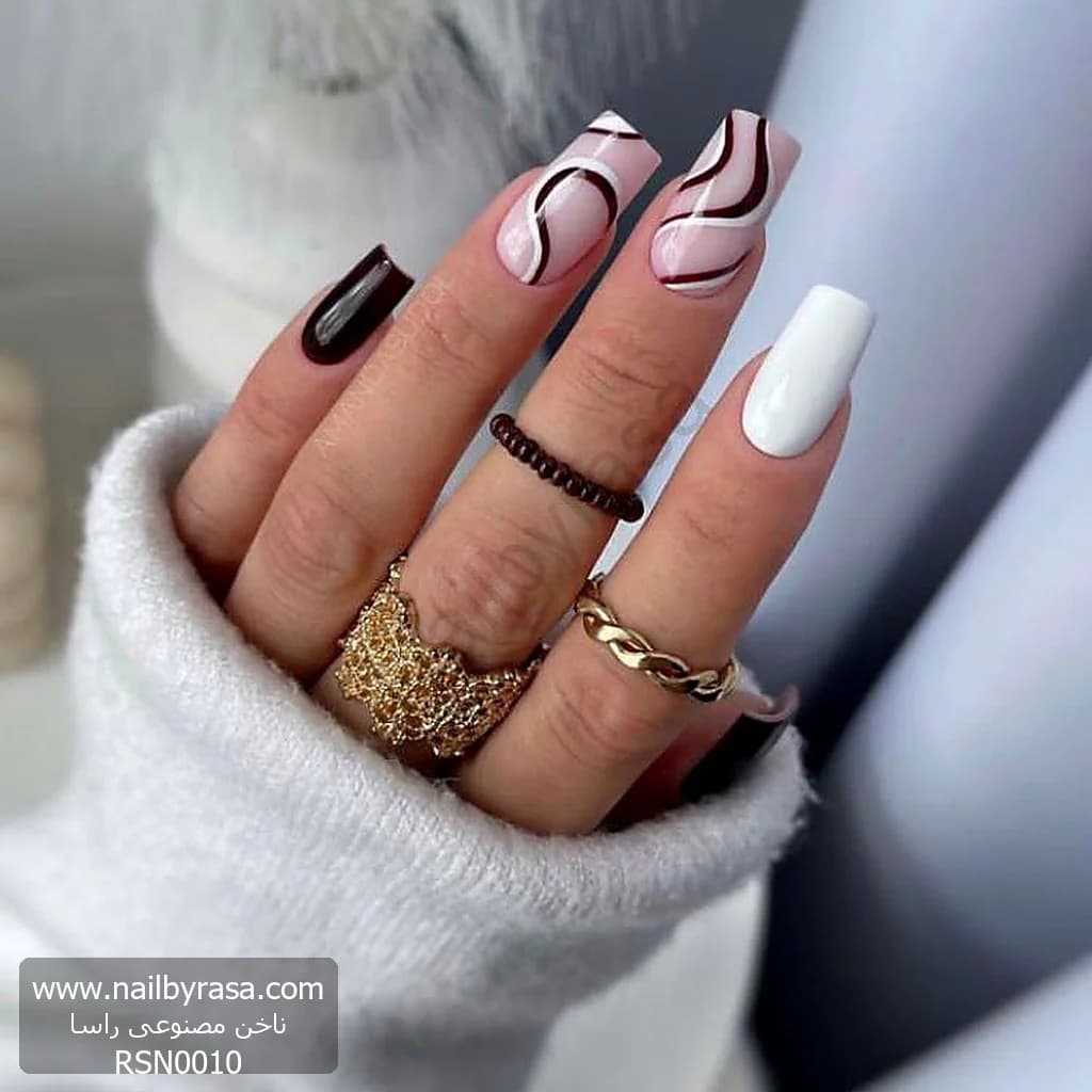 ناخن مصنوعی طرح موجدار (Swirl) شرابی و سفید مربعی بلند راسا – RSN0010