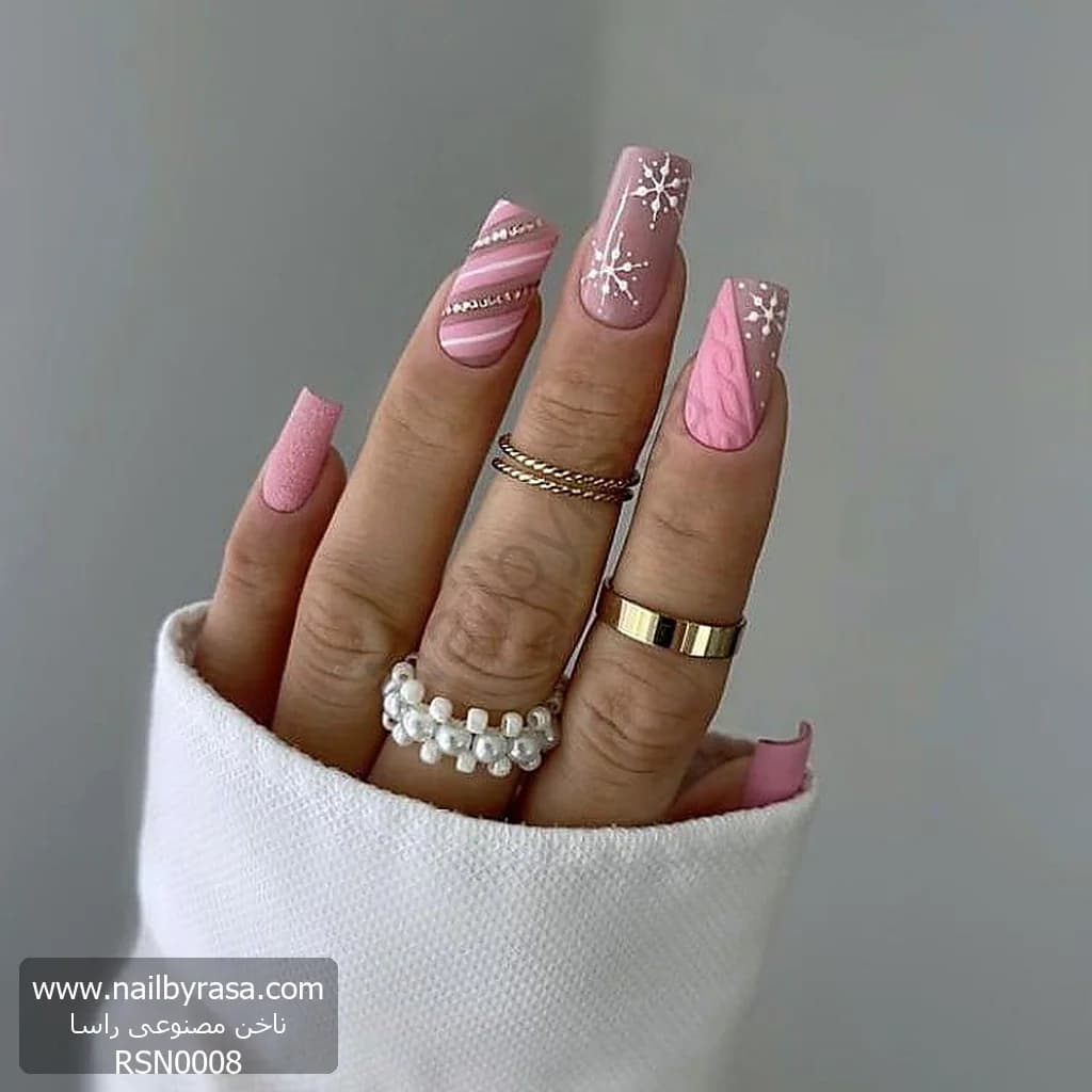 ناخن مصنوعی طرح بافت و زمستانی صورتی باربی (Pinkmas) مربعی بلند راسا – RSN0008