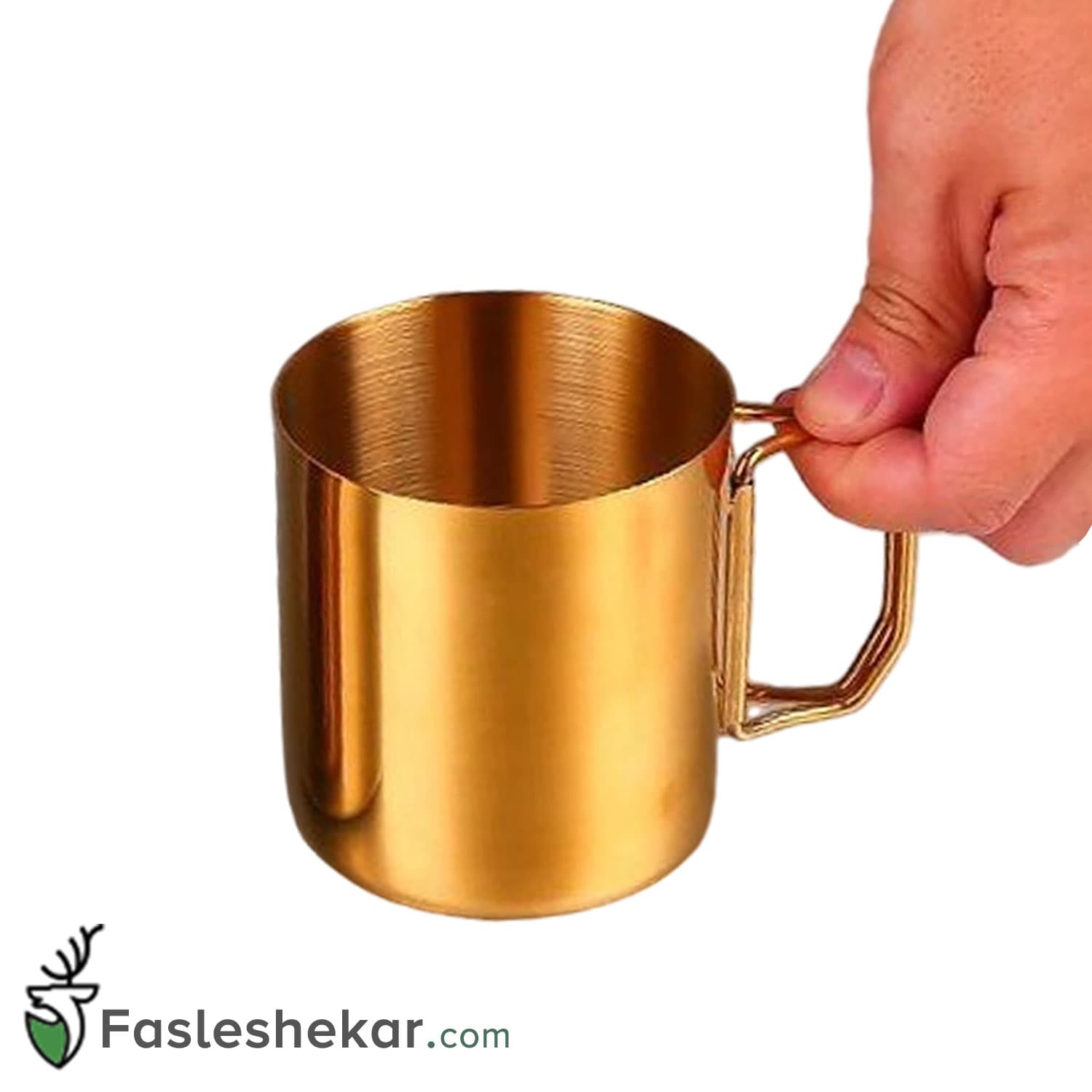 لیوان استیل طلایی دسته دار ظرفیت 350 میلی لیتر