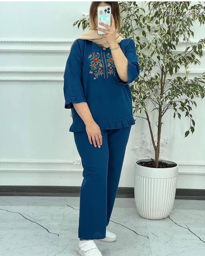 ست بلوزشلوار لینن گلدوزی/کد7047 — تصویر ۲