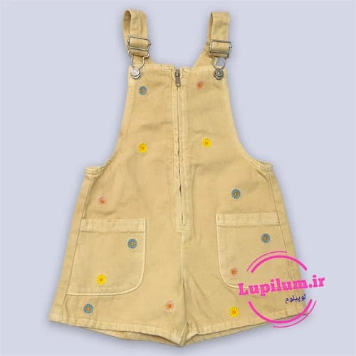 بیلر شلوارک بچه گانه کتان کرمی گل دوزی