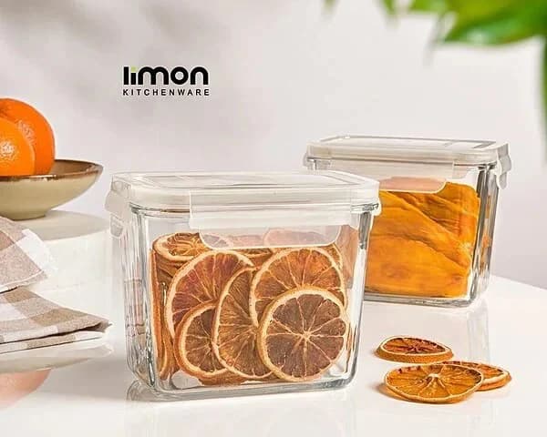 ظرف شیشه ای لیمون مستطیل درب دار 920 میلی (الوان) کد 215335