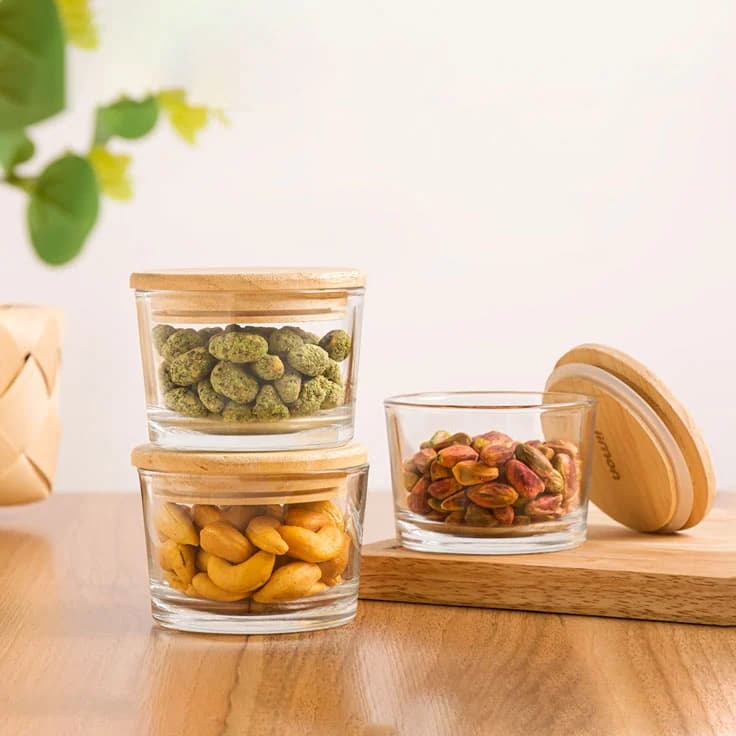 ظرف شیشه‌ای گرد لیمون 190 میلی درب چوبی کد 219359