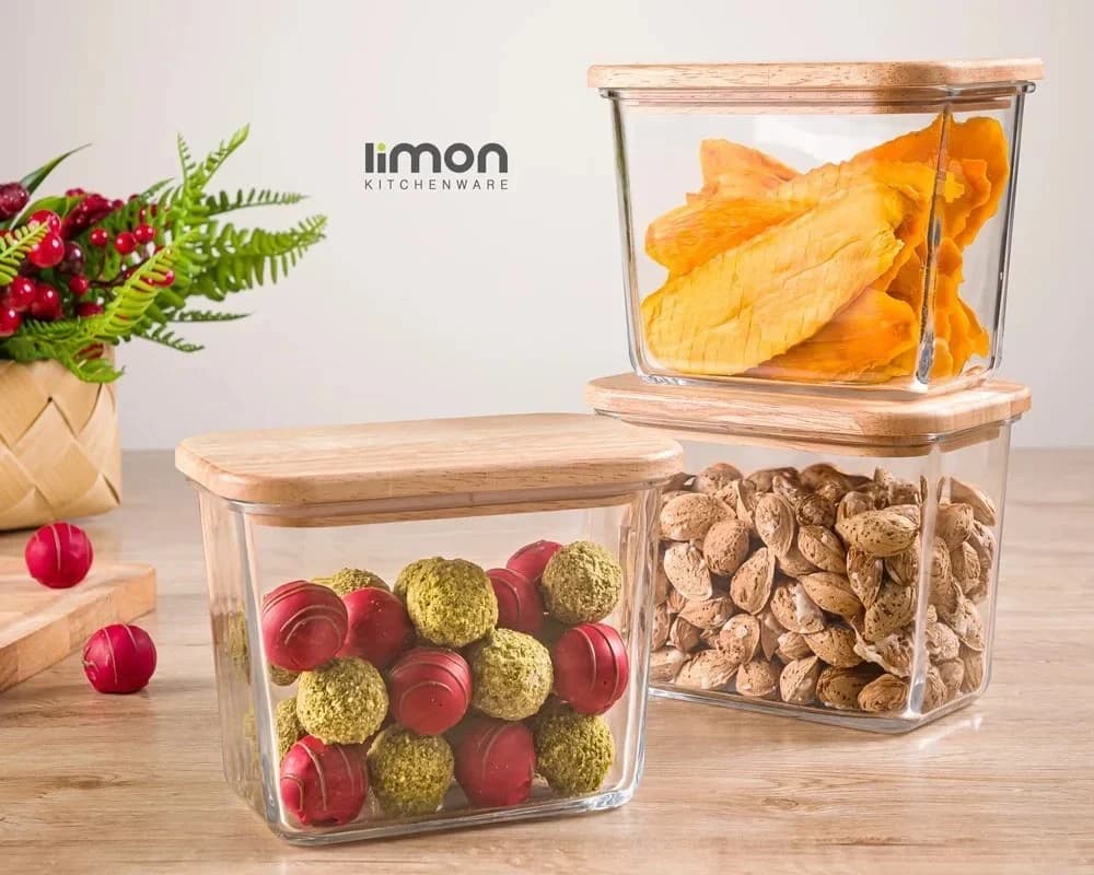 ظرف شیشه ای مستطیل لیمون 920 میلی درب چوبی کد 218859 — تصویر ۲