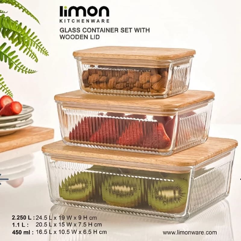 ست ظرف شیشه ای لیمون مستطیل شیار دار در چوبی کد 221159
