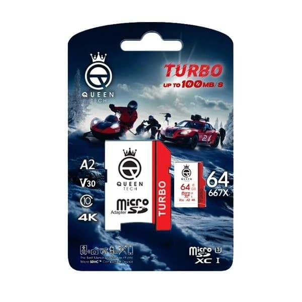 کارت حافظه microSDHC کوئین تک مدل Turbo 667X کلاس 10 استاندارد UHS-I U3 سرعت 100MB/s ظرفیت 64 گیگابایت به همراه کارتخوان