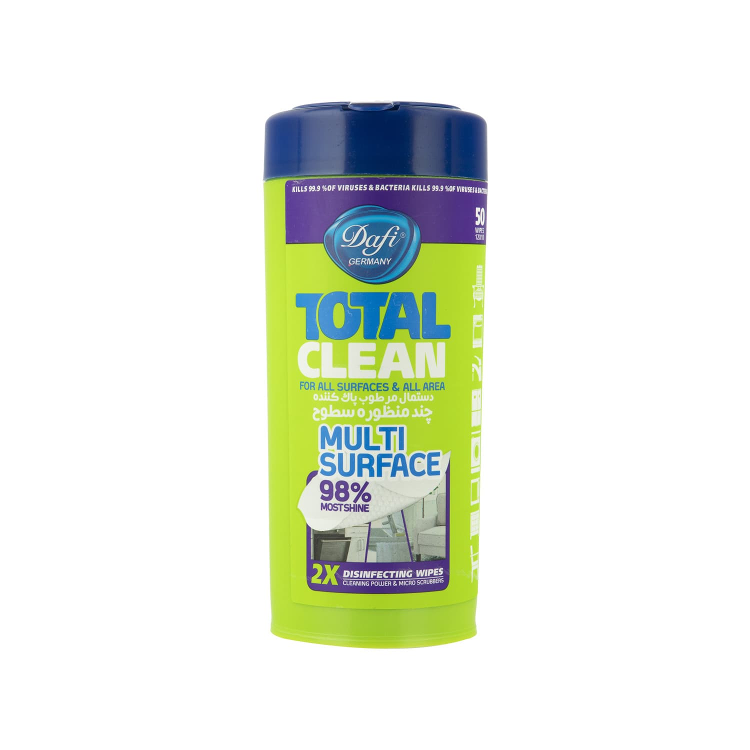 دستمال مرطوب پاک کننده چند منظوره سطوح دافی مدل Total clean بسته 50 عددی