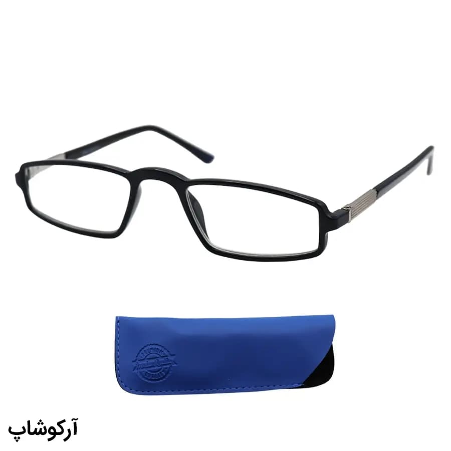 عینک مطالعه نزدیک بین نمره +1.75، با فریم سرمهای، شکل مستطیلی و لولا فنری مدل M-202489