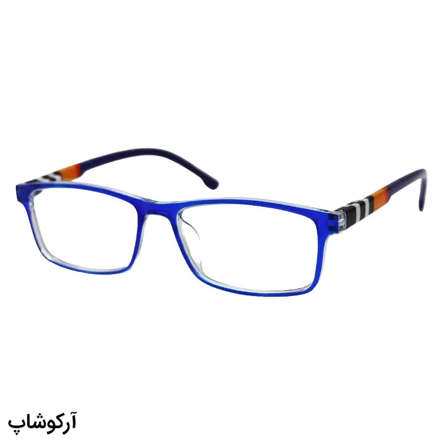 عینک مطالعه نزدیک بین نمره +1.00 با فریم آبی، شکل مستطیلی، دسته فنردار و رنگ مشکی و لنز بلوکات مدل KY2828