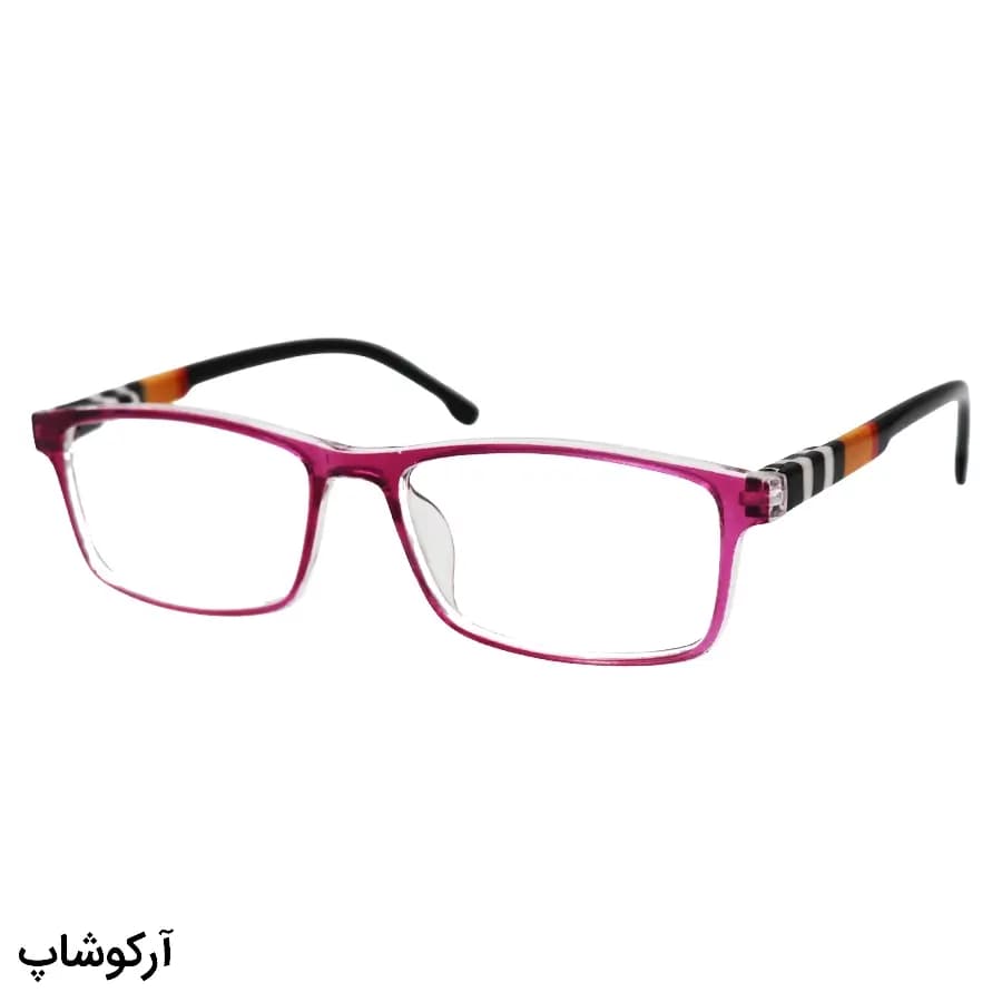 عینک مطالعه نزدیک بین نمره +3.00 با فریم بنفش، شکل مستطیلی، دسته فنردار و رنگ مشکی و لنز بلوکات مدل KY2828
