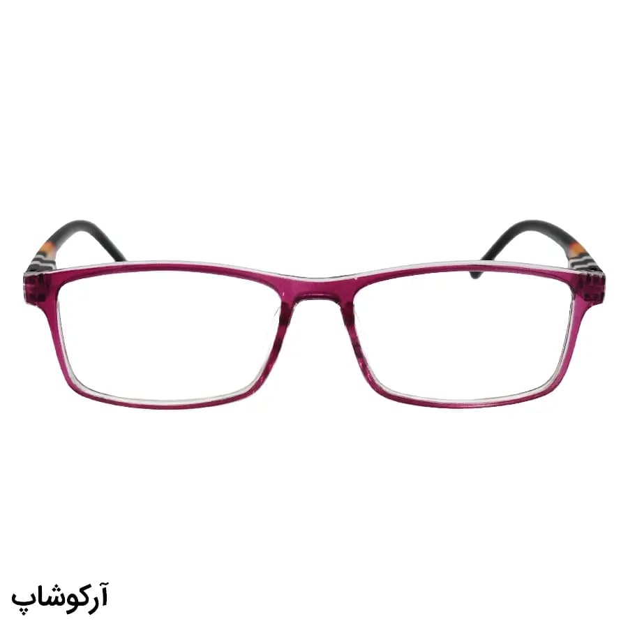 عینک مطالعه نزدیک بین نمره +4.00 با فریم بنفش، شکل مستطیلی، دسته فنردار و رنگ مشکی و لنز بلوکات مدل KY2828 — تصویر ۲