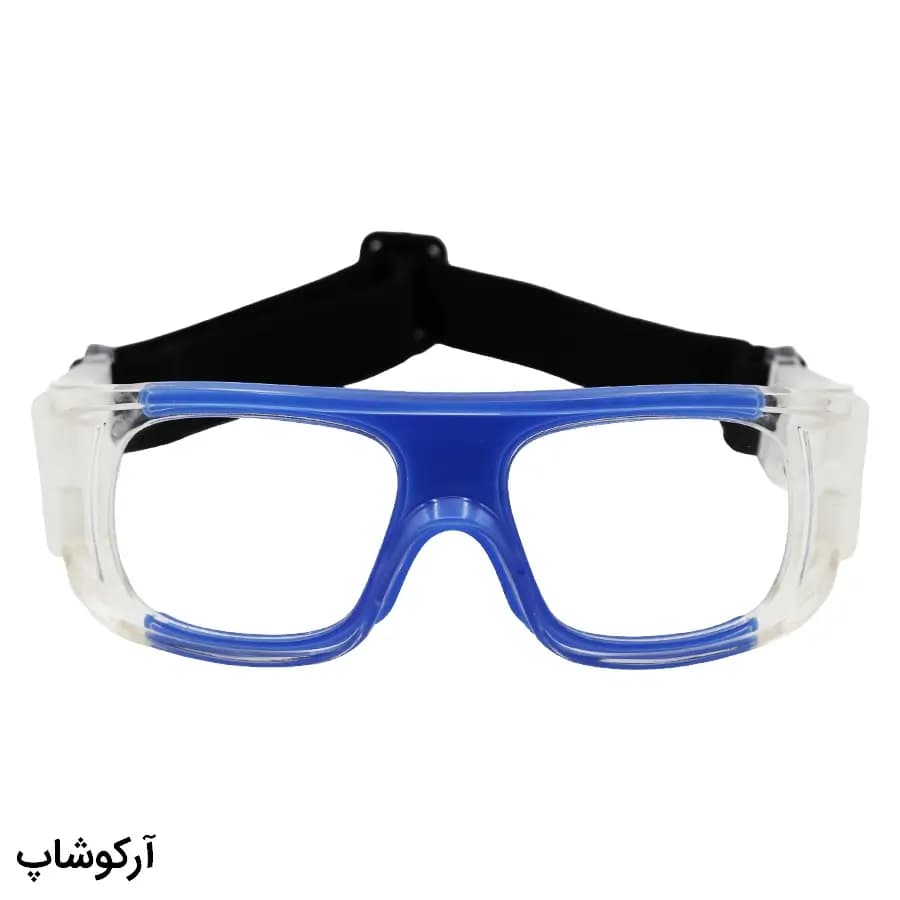 عینک طبی ورزشی با فریم آبی رنگ و بند مشکی برای فوتبال، والیبال، بسکتبال، فوتسال و هندبال مدل HY008 — تصویر ۲