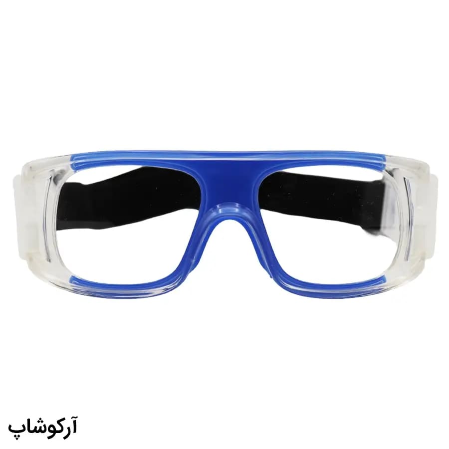 عینک طبی ورزشی با فریم آبی رنگ و بند مشکی برای فوتبال، والیبال، بسکتبال، فوتسال و هندبال مدل HY008 — تصویر ۳