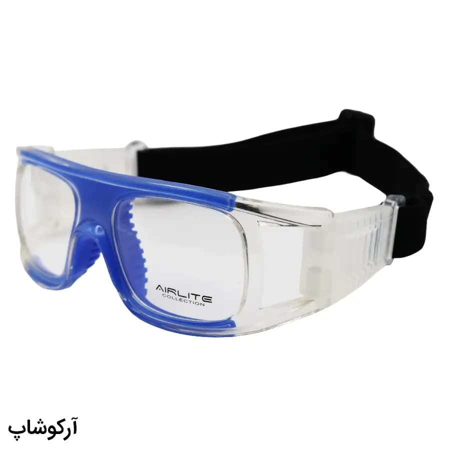 عینک طبی ورزشی با فریم آبی رنگ و بند مشکی برای فوتبال، والیبال، بسکتبال، فوتسال و هندبال مدل HY008
