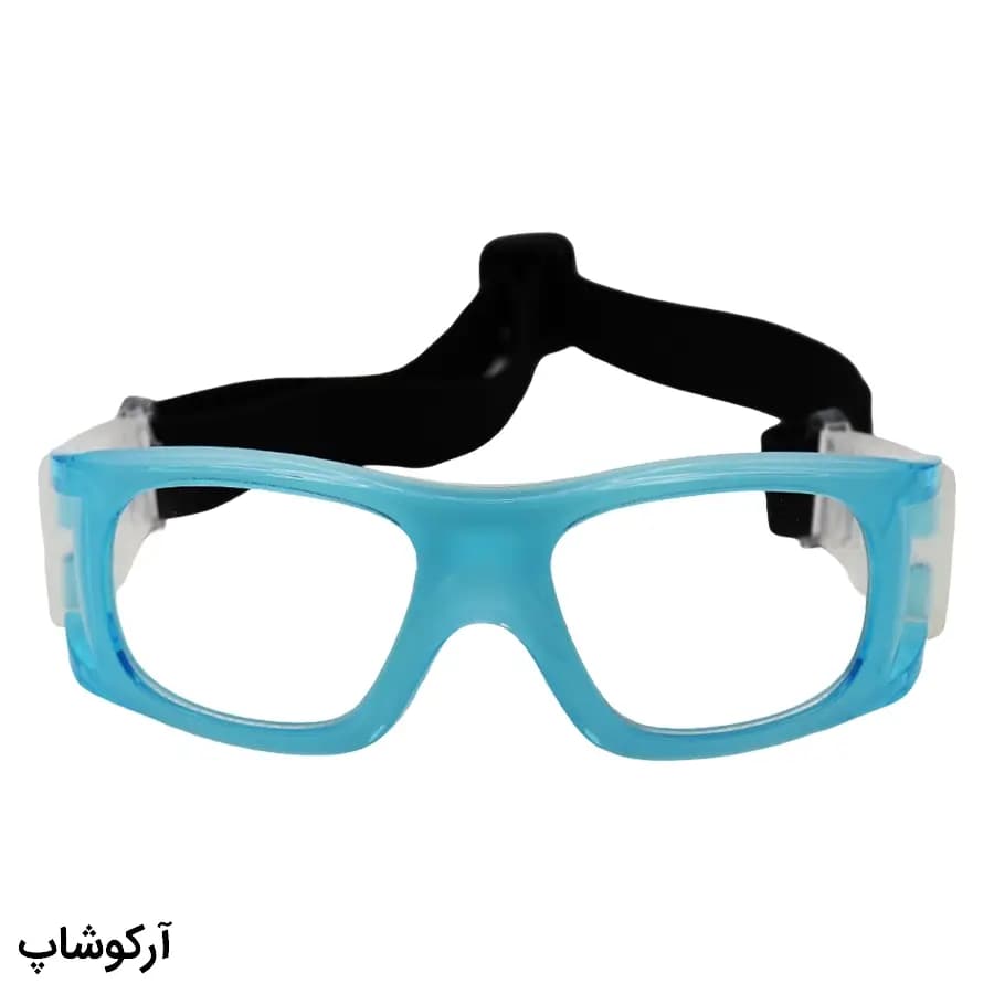 عینک طبی ورزشی با فریم آبی رنگ و بند مشکی برای فوتبال، والیبال، بسکتبال، فوتسال و هندبال مدل HY070 — تصویر ۲