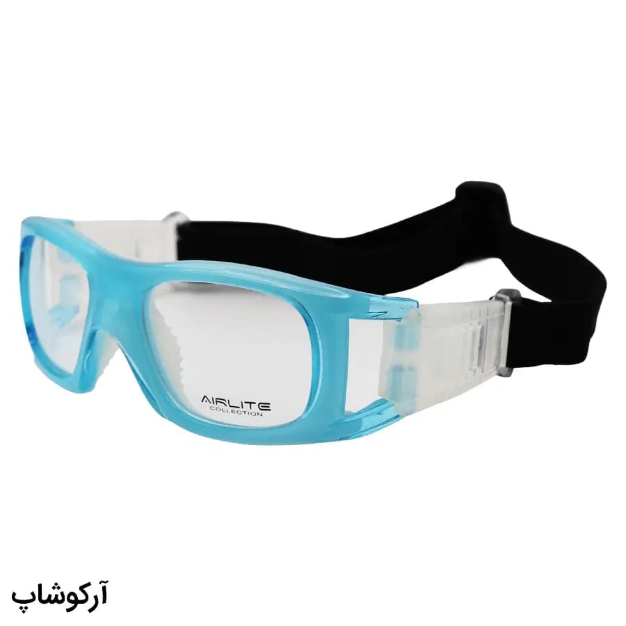 عینک طبی ورزشی با فریم آبی رنگ و بند مشکی برای فوتبال، والیبال، بسکتبال، فوتسال و هندبال مدل HY070