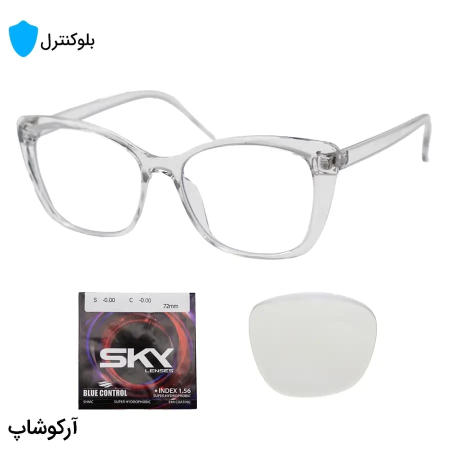 عینک زنانه بلوکنترل با فریم شکل چشم گربه‌ای، رنگ شفاف، جنس کائوچو و لنز بلوکنترل کره‌ای برند SKY مدل 28016