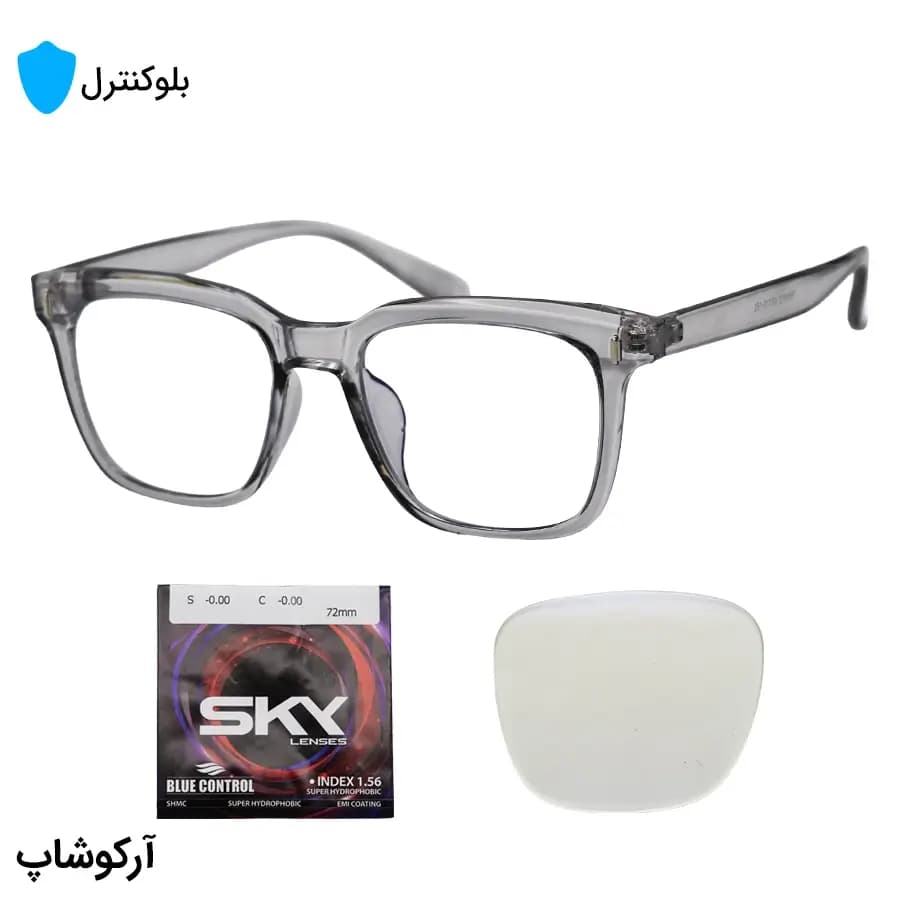 عینک بلوکنترل با فریم شکل مربعی، رنگ طوسی شفاف، از جنس کائوچو و لنز بلوکنترل کره‌ای برند SKY مدل TR86012