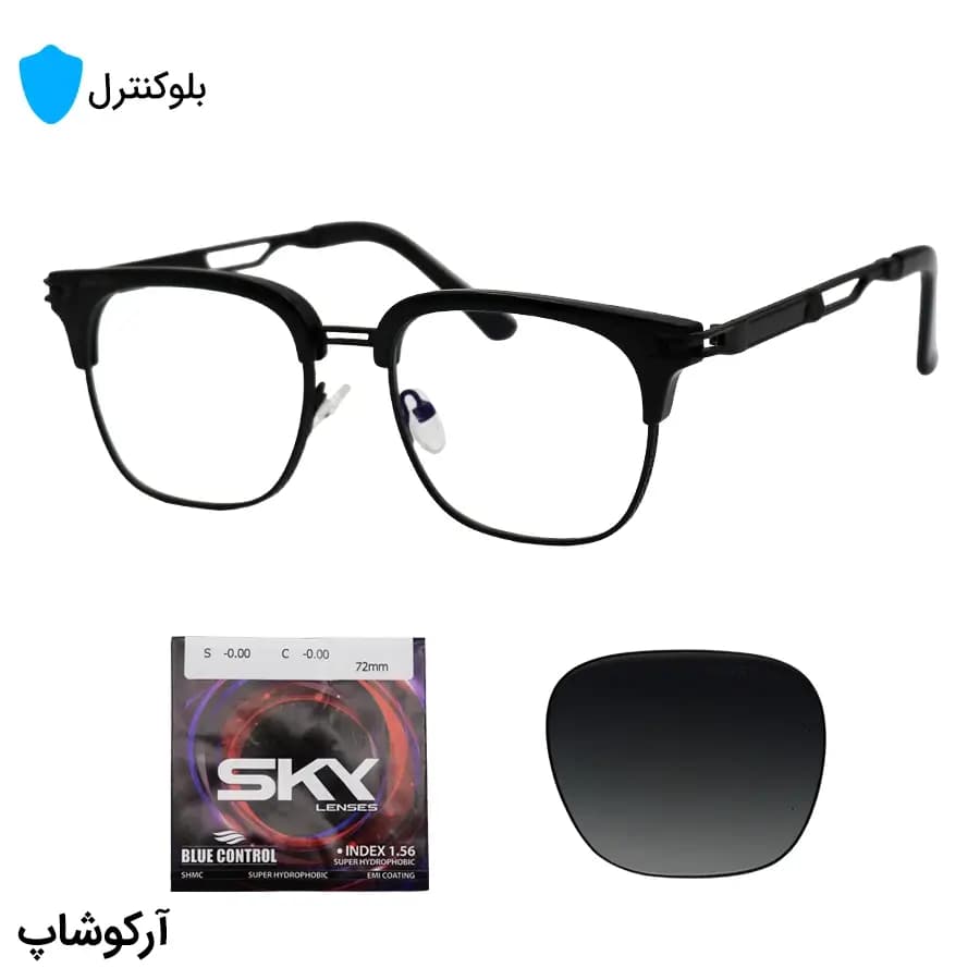 عینک بلوکنترل با فریم شکل کلاب مستر، رنگ مشکی، برند میباخ و لنز بلوکنترل کره‌ای برند SKY مدل 3402