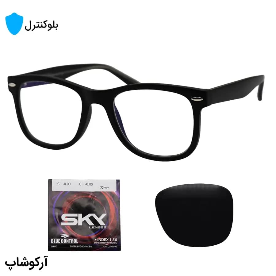 عینک بلوکنترل با فریم شکل ویفرر، رنگ مشکی مات، دسته سیم‌دار برند ریبن و لنز بلوکنترل کره‌ای برند SKY مدل 66805