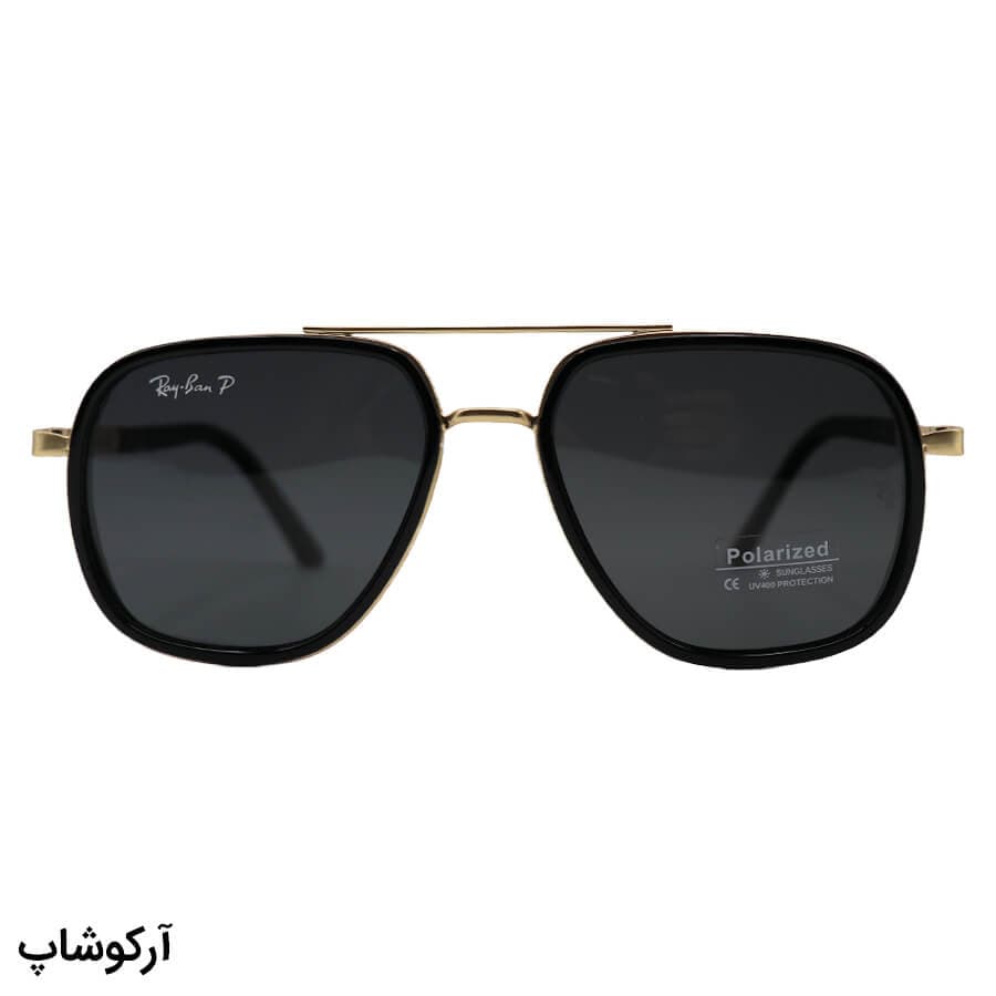 عینک آفتابی Ray-Ban با فریم مشکی و طلایی، شکل چند ضلعی، دسته فنری و لنز دودی تیره و پلاریزه مدل P9004 — تصویر ۲