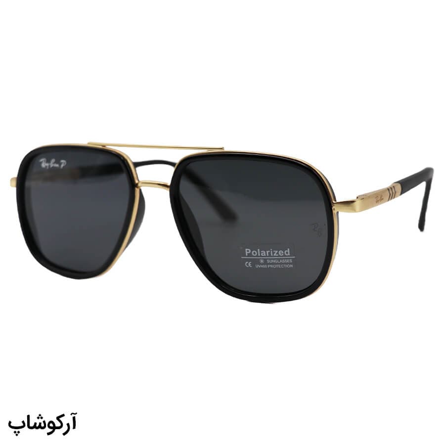 عینک آفتابی Ray-Ban با فریم مشکی و طلایی، شکل چند ضلعی، دسته فنری و لنز دودی تیره و پلاریزه مدل P9004
