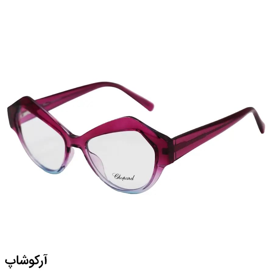 عینک طبی زنانه Chopard با فریم بنفش براق، شکل چشم گربهای، لولا فنری و دسته سیم دار مدل 2159 — تصویر ۴
