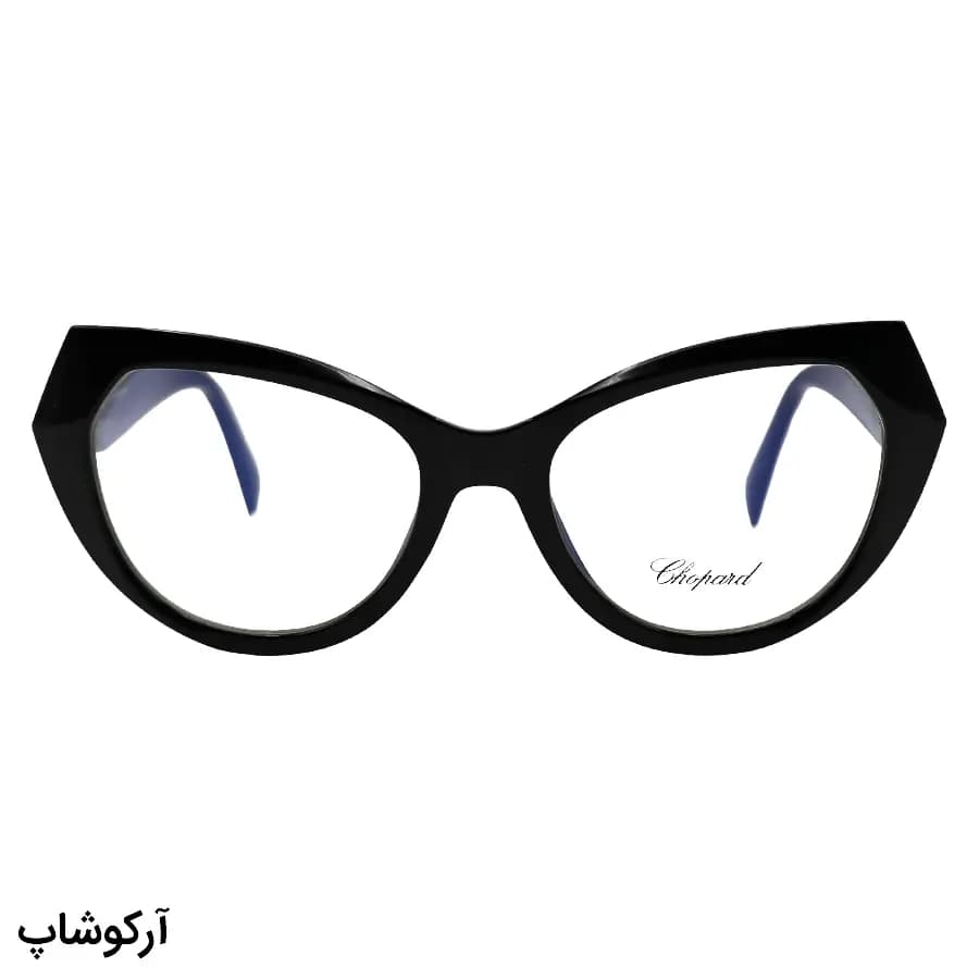 عینک طبی زنانه Chopard با فریم مشکی براق، شکل چشم گربه‌ای، لولا فنری و دسته سیم دار مدل 2163 — تصویر ۳